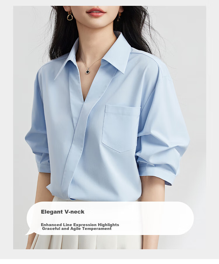 Bodexiaojie Blue Stylish Luxury V-Neck Shirt for Women, Summer Commute Short-Sleeve Top, Professional Petite Interview Blouse, XL 1