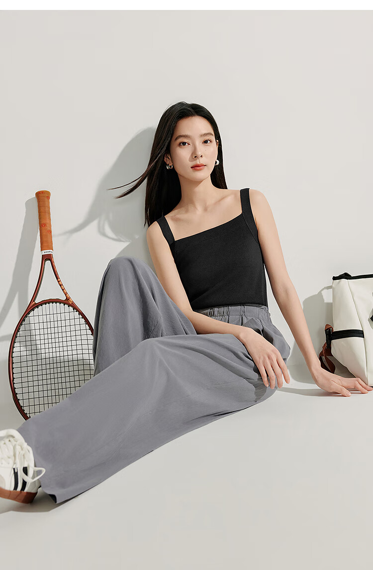 INMAN Striped Square Neck Knitted Camisole, 2026 Summer Women's New Short Fitted Top, Black, Size L 21