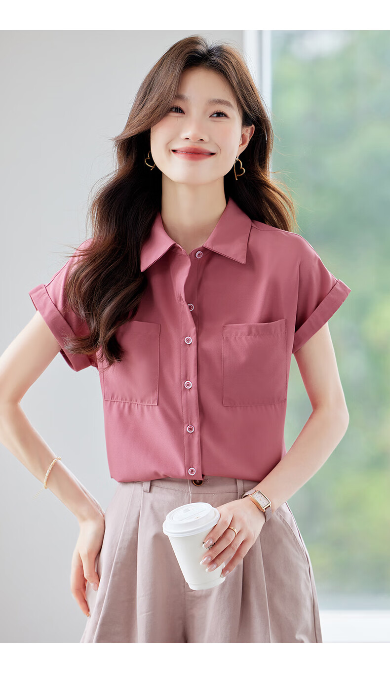 Jeanswest Women's Shirt 2026 Summer Short Sleeve Casual Elegant Fashion Versatile Top Pink L 13