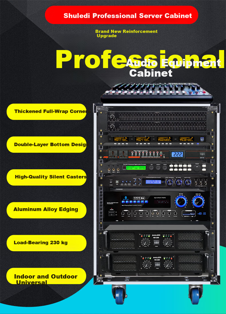 Shuledi ABS-80U Audio Rack, Speaker Cabinet, 16U Rack, Mobile Cabinet with Wheels, Equipment Rack for Amplifiers, Microphones, Main Units, Mixing Console, Square Aviation Case, Performance Use without Doors 2