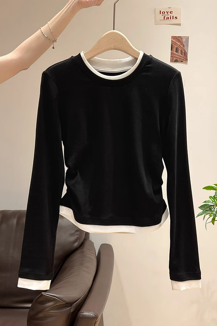 Woodpecker Women's Long Sleeve T-Shirt Round Neck Shoulder Fake Two-Piece Pleated Stretch Slim Waist Base Layer Top Dark Gray 2XL 7