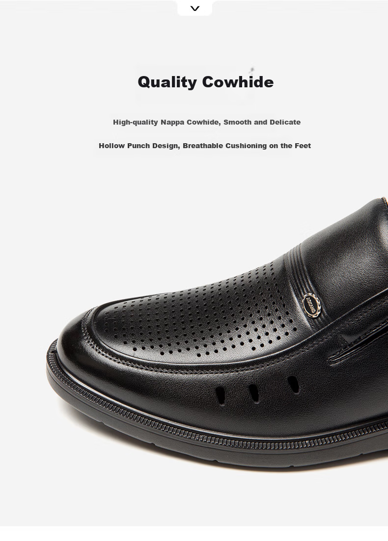Aokang Men's Shoes, Spring And Summer Business Casual Leather Shoes, Cowhide Slip-On Comfortable Wear-Resistant Dad Shoes, Black Hollow Breathable, Size 38 4
