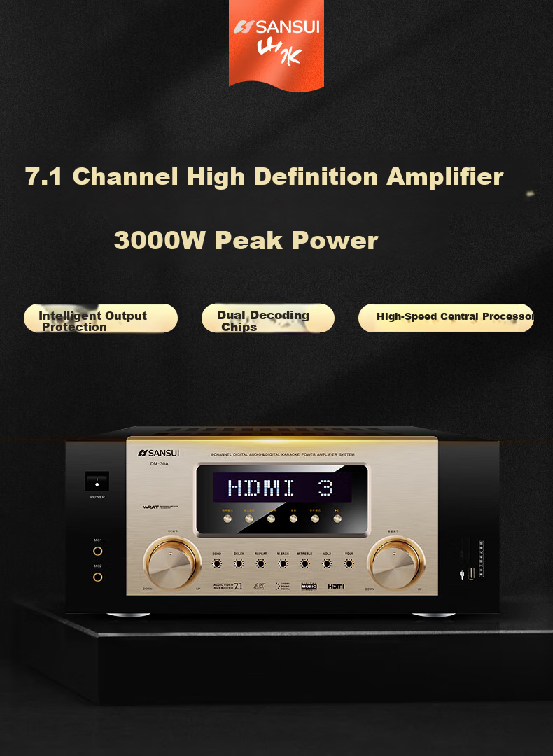 SANSUI DM-30A, 7.1 Audio Amplifier, Speakers, Home Theater 7.1 Channel AV Amplifier, 4K Direct Through, Audiophile-Grade HIFI Sound Quality Smart Speaker Amplifier, High Power 2