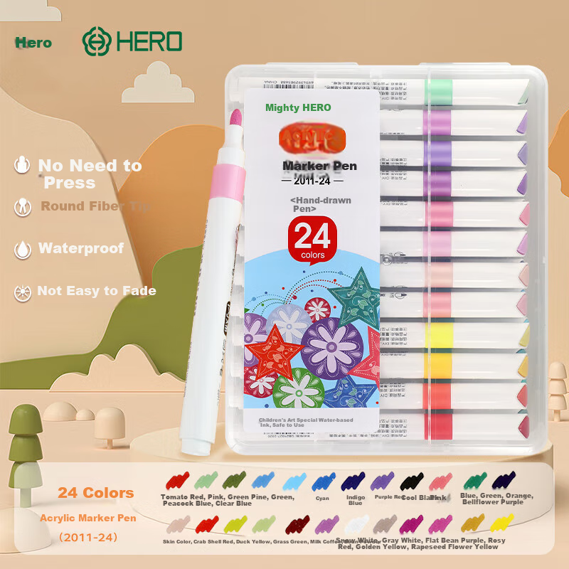 HERO Markers, 2011 Acrylic Water-Based Student Art Supplies, Children's Drawing Hand-Drawn Watercolor Pen Set, Doodle Quick-Drying Paint Brushes, 24 Colors