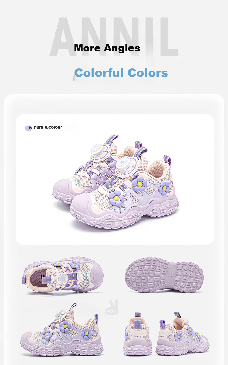 ANNIL Girls' Sports Shoes, 2026 New Summer Style, Soft-Soled Children's Flower Rotating Button Shoes 5194, Purple, Size 34 8