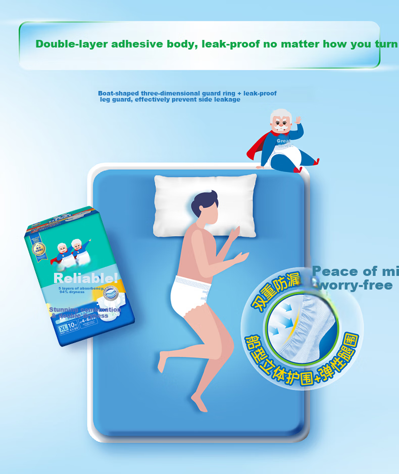 COCO Ultra-Thin Breathable Adult Diapers XL 60 Pieces (Waist ≥110cm), Large Size Elderly Incontinence Pads 8