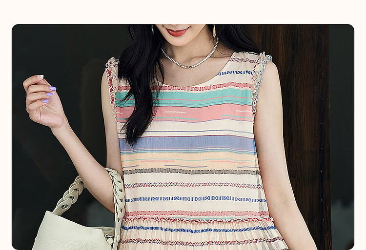 Dme [Independent Rose] Summer Vacation Style Mulberry Silk Striped Sleeveless Dress for Wome 2