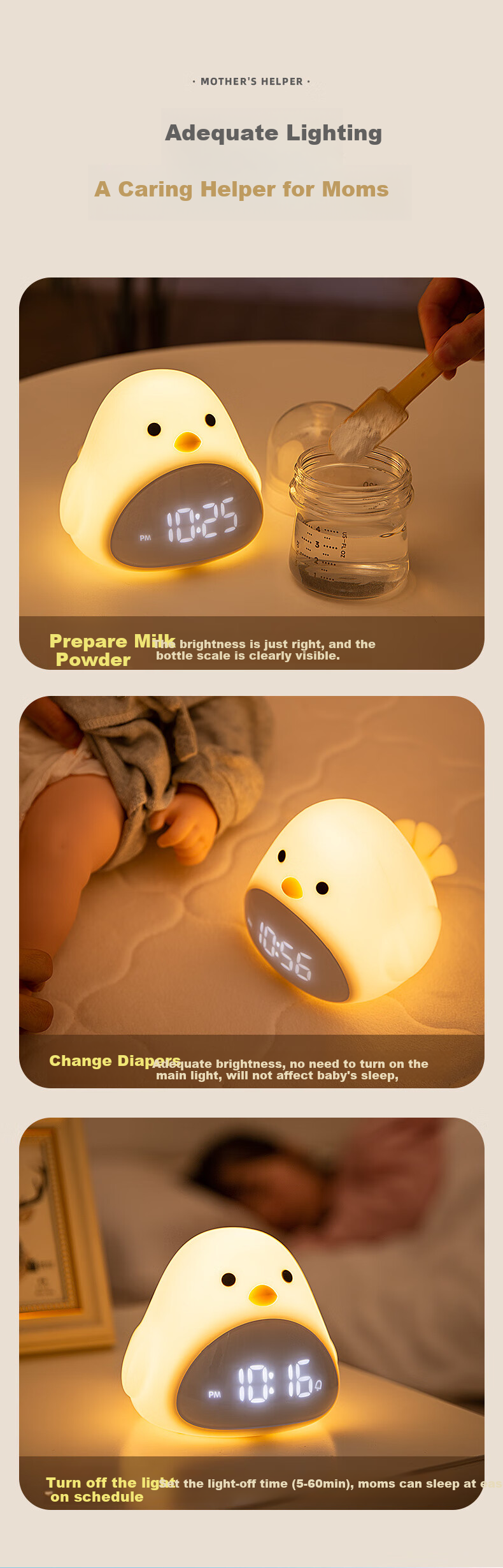 BANDIAN ORIGINATION Time Bird Alarm Clock for Students, Wake-Up Helper, Bedside Night Light, Cute Desktop Silicone Hourglass, Temperature Display, Baby Soft Light Eye Protection Feeding Lamp Gift 13