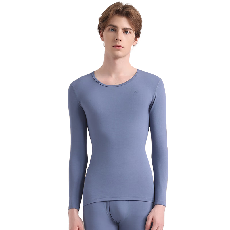 MiiOW Modal Thermal Underwear Men Ultra-thin High Elasticity Autumn Round Neck Long Sleeve Base Layer Warm Top Gray Blue XL
