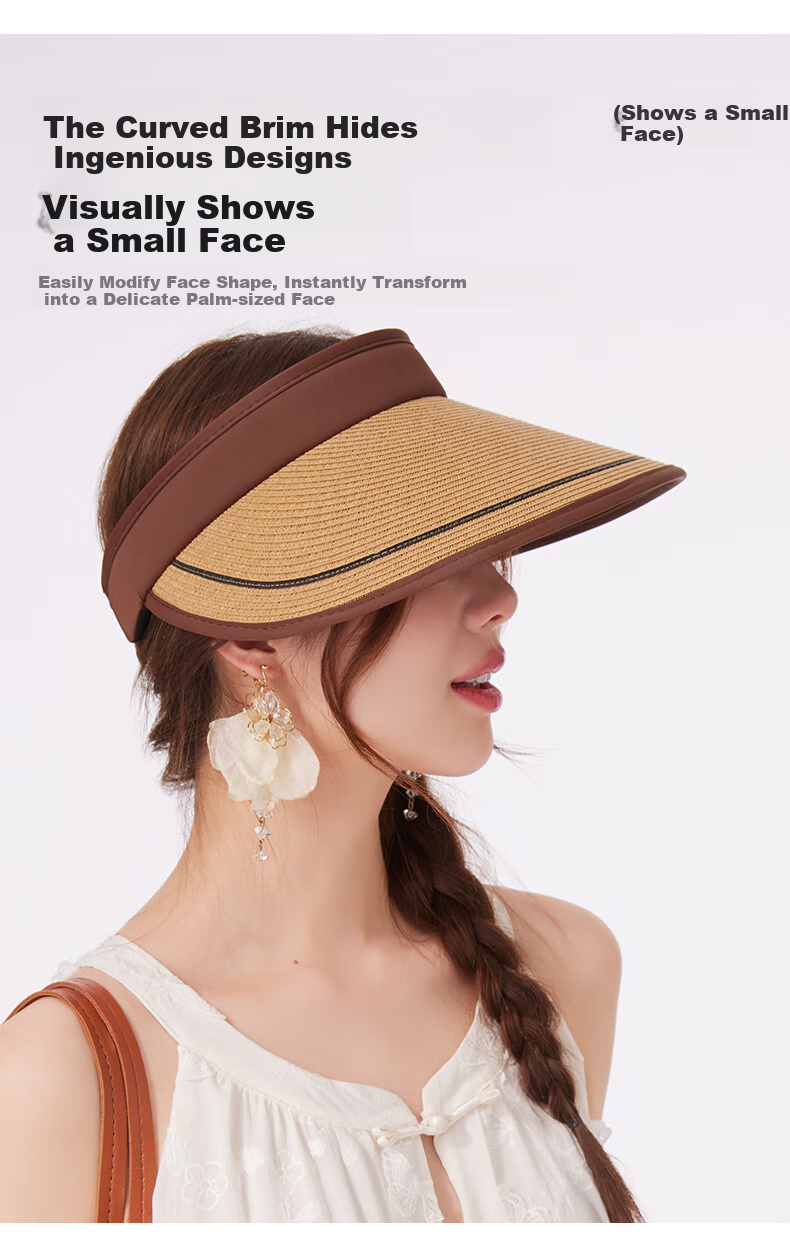 CACUSS Women's Summer Straw Sun Hat with Open Top, Wide Brim, Fashionable Floral Ribbon, Face-Slimming Sun Hat, Huaxin Coffee Color 8