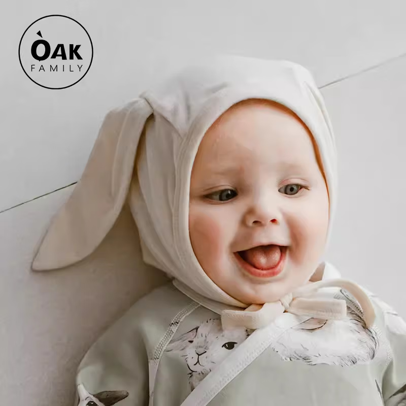 OAK FAMILY Newborn Baby Rabbit Ear Cap, Spring And Autumn Season, Pure Cotton Fontanelle Cap for Newborns, Children's Hat, 42cm