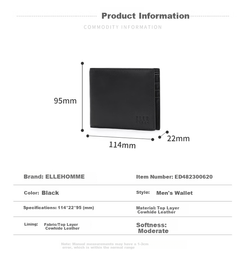 ELLE HOMME Men's Short Wallet, Top-Grain Leather Multifunctional Card Holder, Horizontal Style Money Clip 0620, Birthday Gift for Me 3