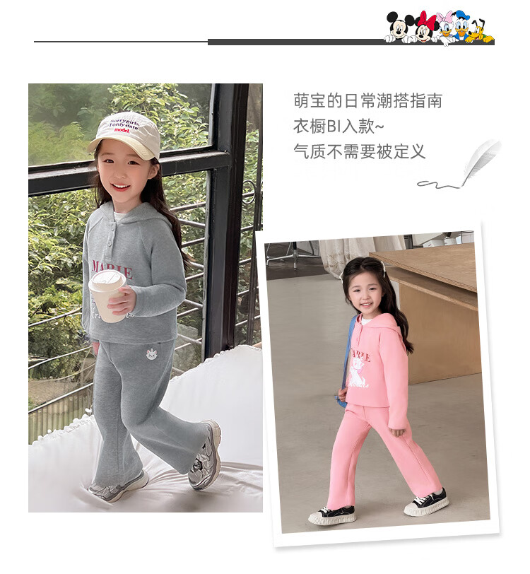 Disney Girls' Set, Children's Hooded Top And Flared Pants, Casual Two-Piece Outfit for Young Kids, Autumn Season, Light Floral Gray, Size 110 3