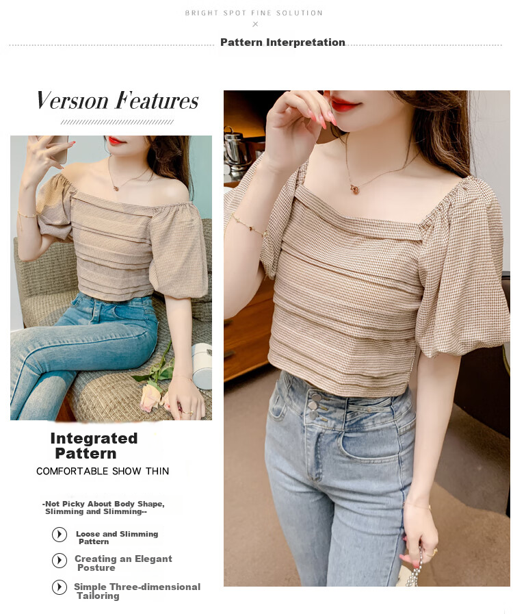 JEANSWEST Women's Shirt, Summer Short-Sleeve Plaid Blouse, French Puff Sleeve Top, Gray, Size S 2