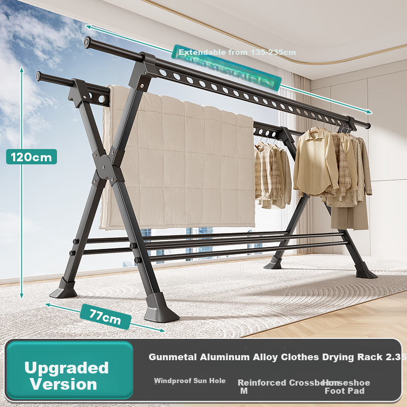 MICOE Floor-Standing Aluminum Alloy Clothes Drying Rack, Extendable Folding Clothes Hanger, Balcony Quilt Drying Rod