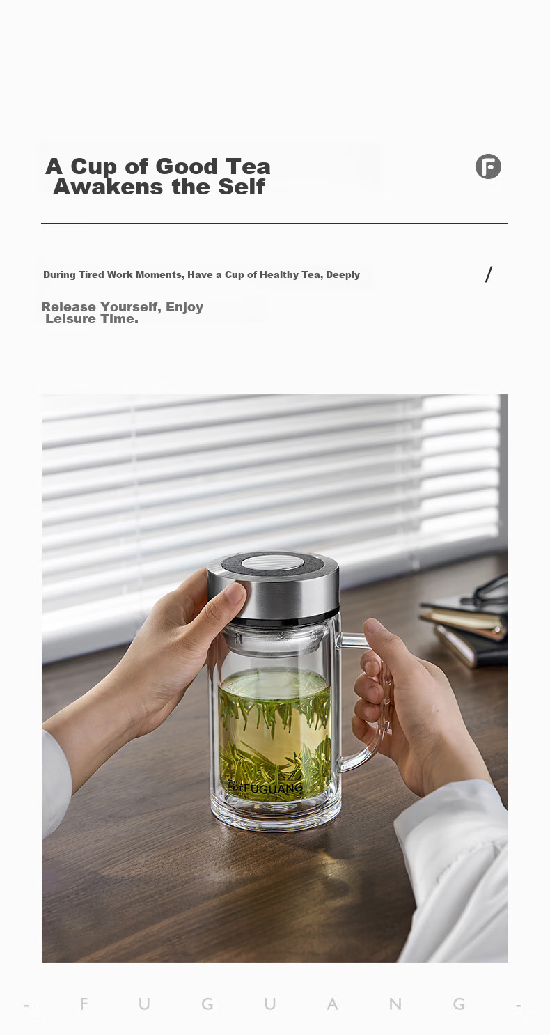 Fuguang Large Capacity High Borosilicate Double-Layer Glass Cup with Tea Strainer, Thickened Water Mug with Handle, Tea Infuser Cup, Office Mug 6
