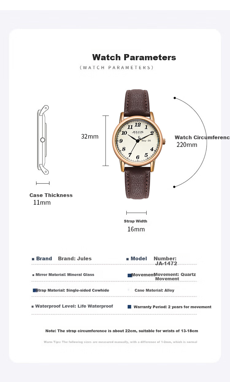 Julius Watch for Women, Retro Dual Calendar Elegant Versatile Youth Quartz Student Exam Watch, Versatile Black JA-1472B 7