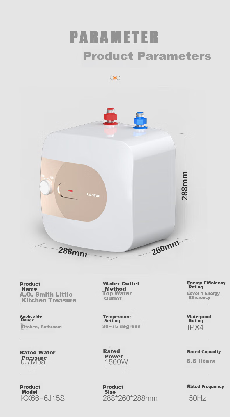 USATON 6.6L Mini Kitchen Treasure, Rapid Heating Kitchen Water Storage Electric Water Heater, Mini First-Class Energy Efficiency, 1500W, Top Outlet, KX66-6J15S 15