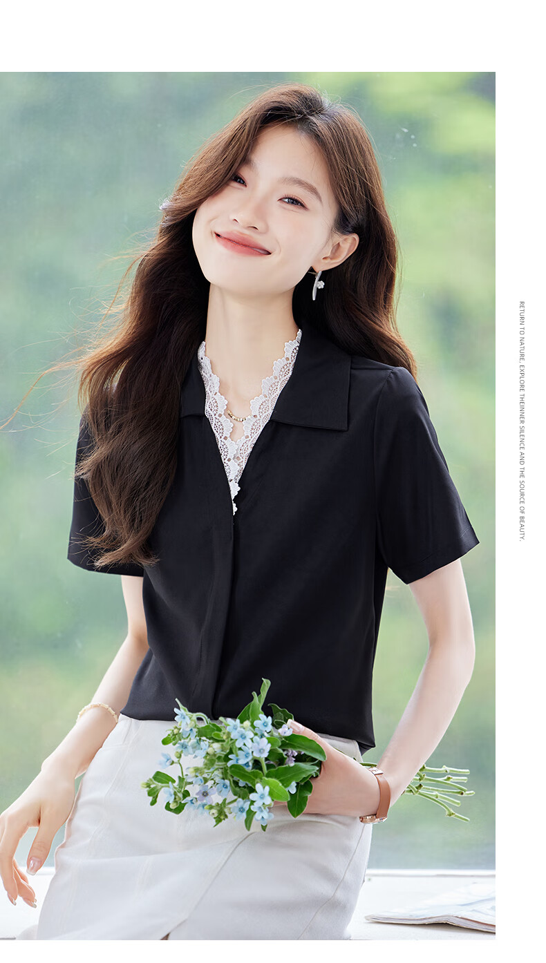 JEANSWEST Women's Summer Short Sleeve Solid Color V-Neck Lace Splice Shoulder Fashion Formal Shirt White L 7