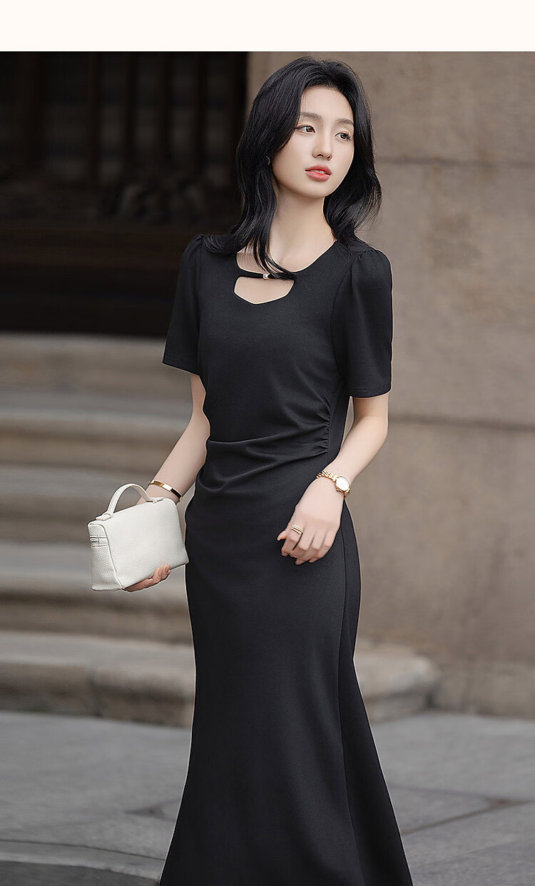Dme [Black Spade Contract] Summer Elegant 250G Cotton-Like Breathable Layer Round Neck Waist-Cinching Side Slit Women's Dress 9