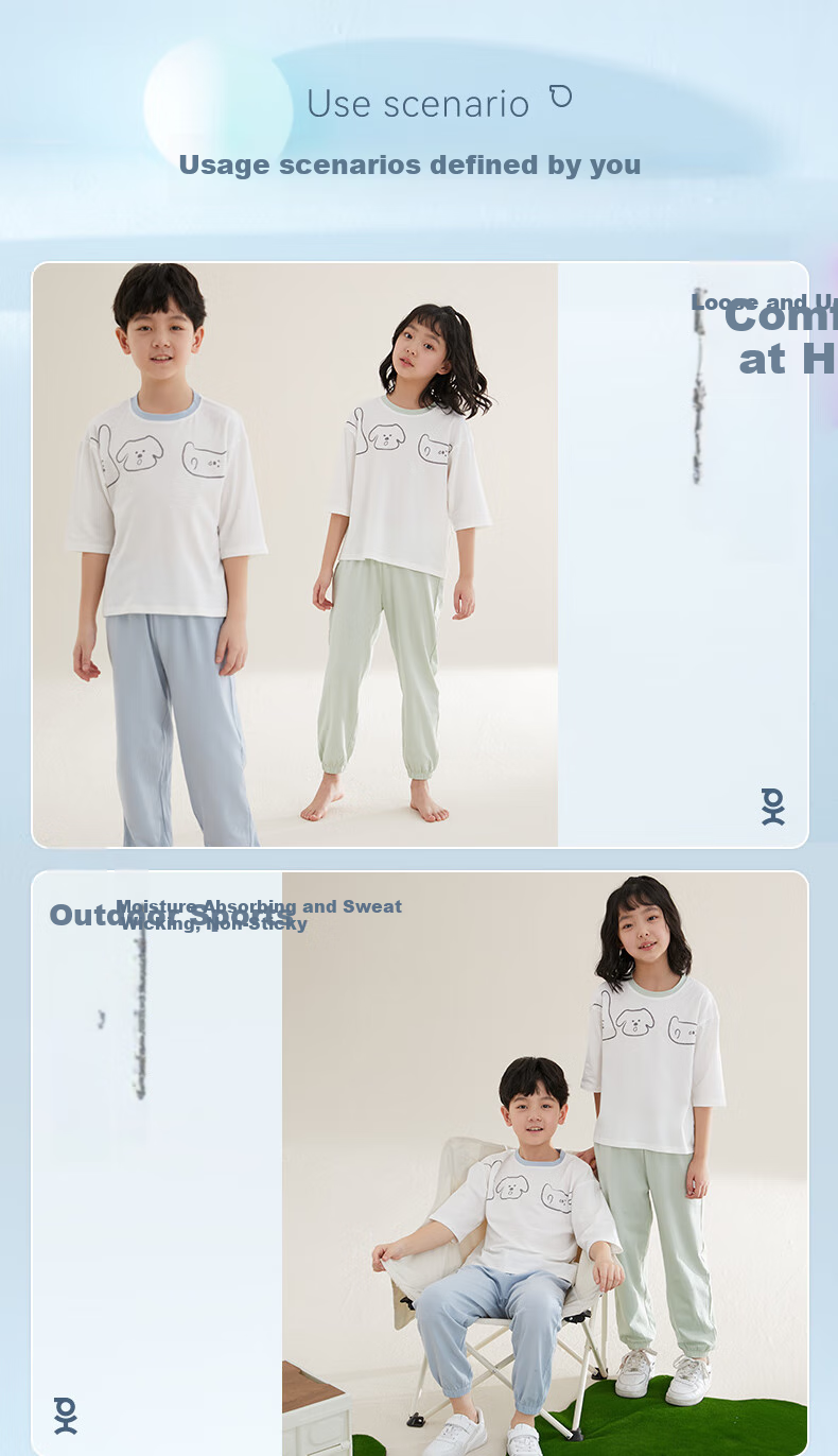 Hodo Children's Pajamas, Cotton Short-Sleeve Thin Summer Air Conditioning Wear, Boys And Girls Home Wear, Cool-Feeling Set, 3258 Grass Purple, Size 140 9
