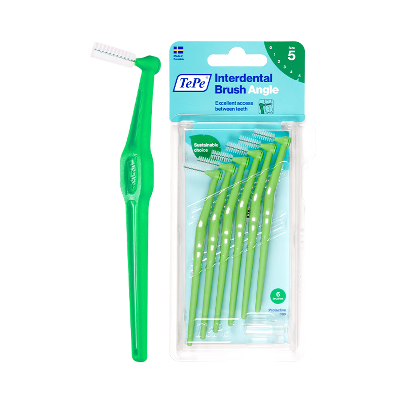 Tepe Swedish Imported Interdental Brush, Orthodontic Floss Pick, Long Handle L-Shaped (0.8mm), Green, for Cleaning Gaps Between Teeth
