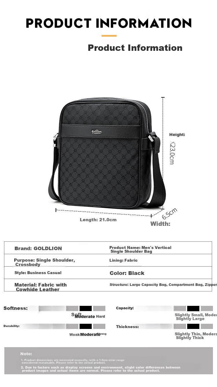 Goldlion Vertical Shoulder Bag, Large Capacity Crossbody Bag, Lightweight Men's Handbag, Birthday Gift 7