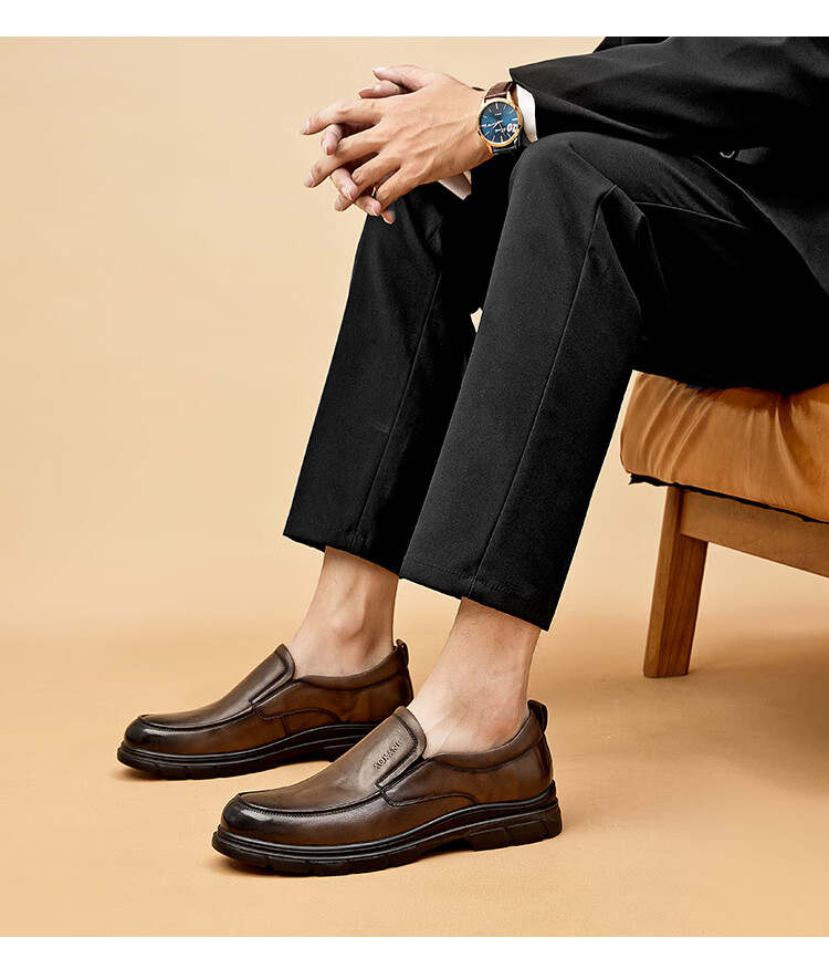 Aokang Men's Spring and Autumn New Business Casual Leather Shoes Soft Sole Slip-On Comfortable Dad Shoes Commuter Single Shoes MT 5