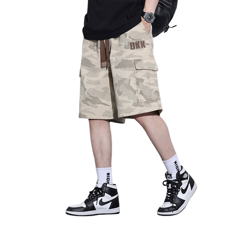 Mianzhi Men's Shorts, Summer Ice-Cool Workwear Five-Point Straight Pants, Loose Breathable Casual Trousers for Men, Brown Camouflage, 4XL