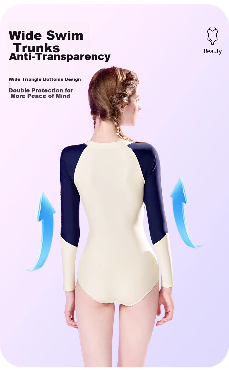 Disney Women's One-Piece Swimsuit, Slimming Long-Sleeve, for Swimming Pool And Hot Springs, Professional Swimwear D15184 Beige M 6