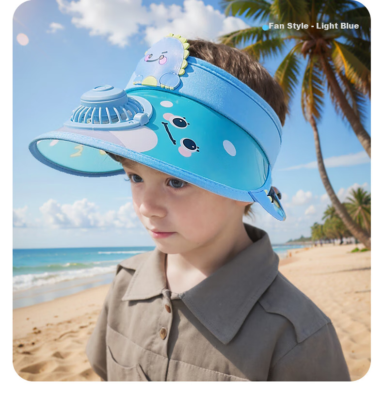 GLO-STORY Summer Children's Sun Hat, Wide Brim Fan Visor Cap, Cartoon Dinosaur Sun Protection Hat, Fan Style - Light Blue 7