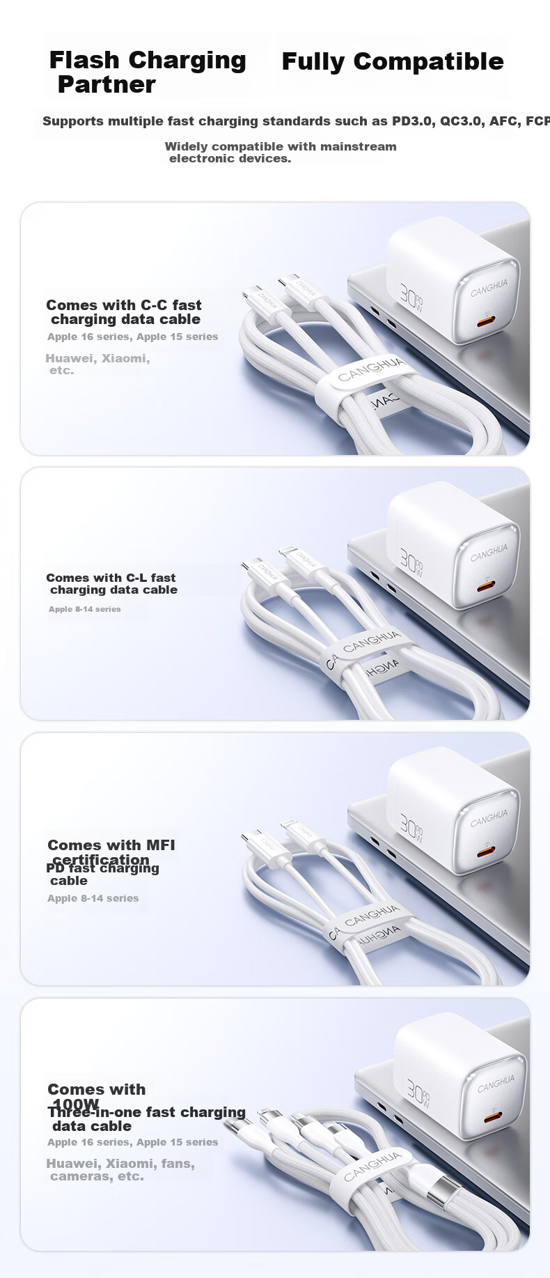 CangHua Multi-Functional Charger Three-In Charging Cable Set, PD30W GaN Charging Head + Three-In Data Cable, Suitable for Apple IPhone 18/17 And Huawei Xiaomi Phones 10