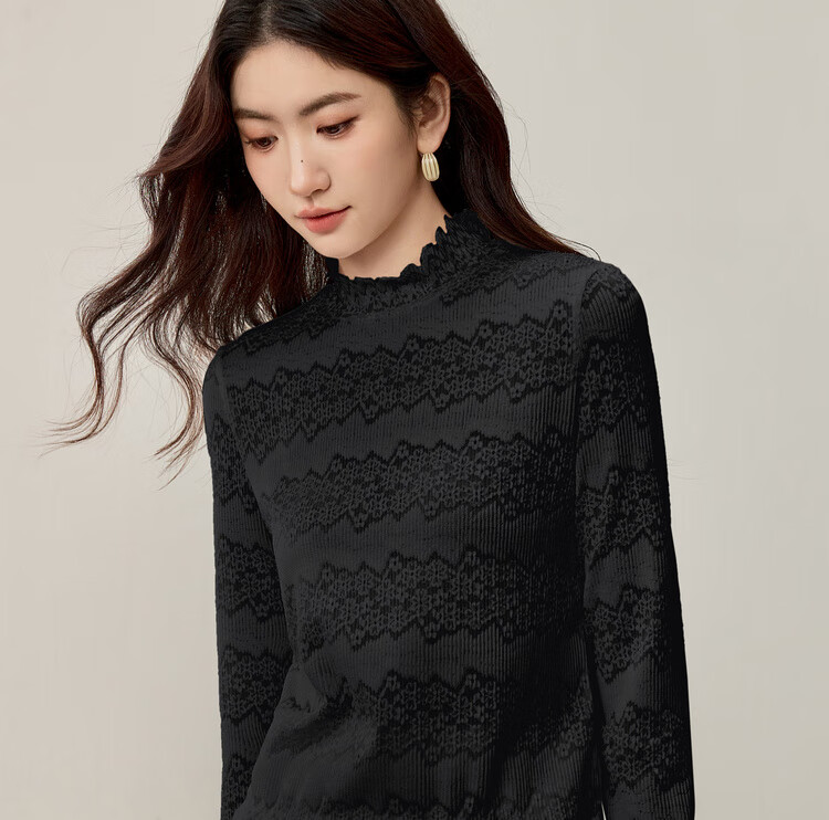 Sentubila Semi-Turtleneck Floral Textured Lace Slim Fit Long Sleeve Top for Women Autumn Hollow Out Inner Layer Shirt 15