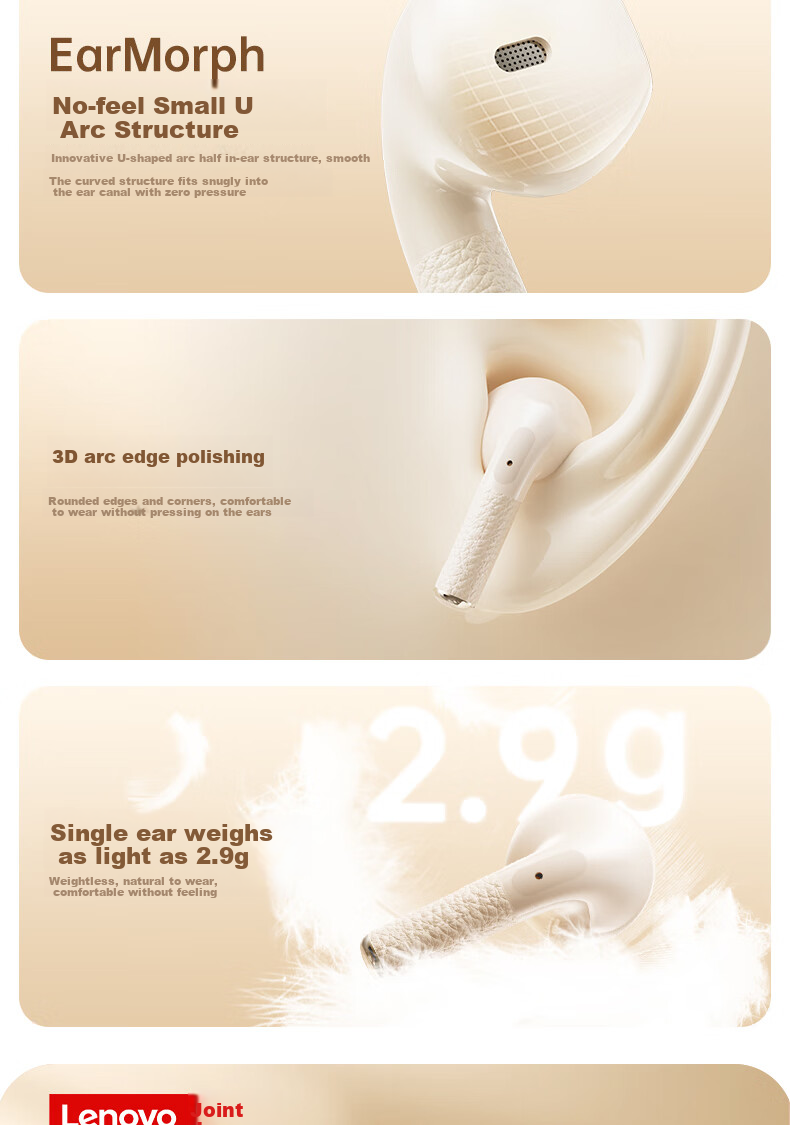 Lenovo Bluetooth Earphones, Semi-In Style, 2026 Popular Model, Bluetooth 5.4, Low Latency, High Sound Quality, Long Battery Life, HD Audio, Wireless Headphones, EA166, Moon Rock White 12