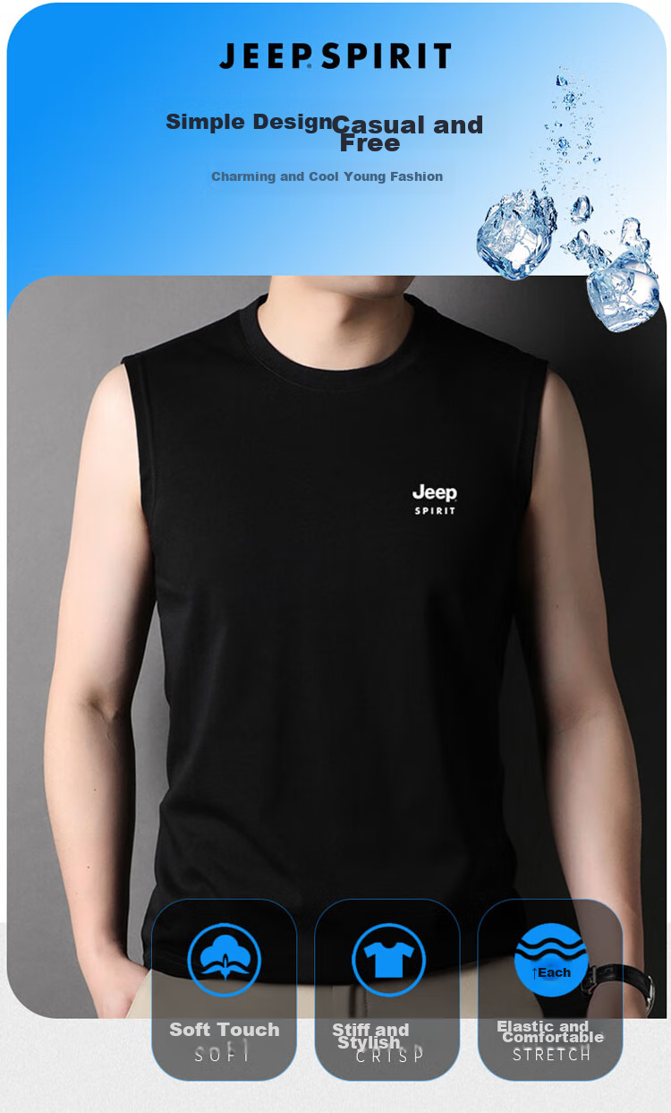 JEEP SPIRIT Cotton Tank Top for Men, Summer Round Neck Sleeveless Tee, Men's Wearable Elastic Undershirt, Black, 3XL 2