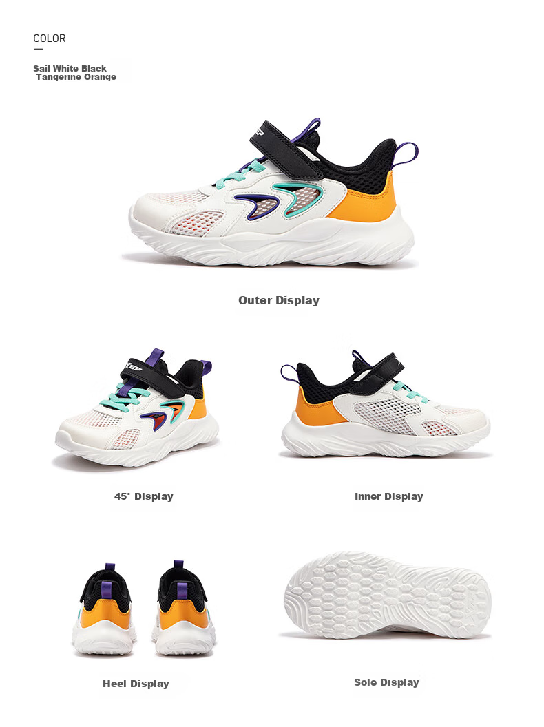 XTEP Children's Shoes, Summer Hollow-Out Sneakers, Breathable Mesh Running Shoes for Kids, Sail White/black/tangerine Orange, Size 27 15