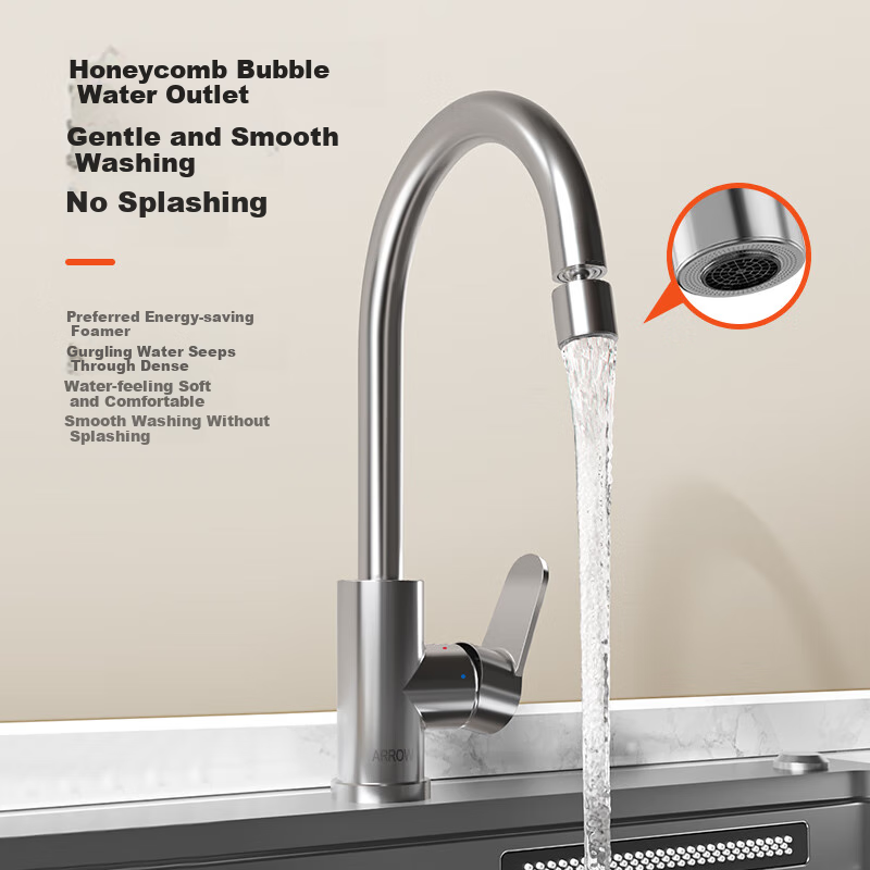 Смеситель для кухни ARROW Hot And Cold Kitchen Faucet с двойным распылением воды, двойным управлением горячей и холодной водой, вращением на 360°, кран для раковины, модель AE45402CP, цвет хром