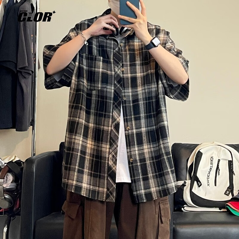 CLOR American-Style Casual Retro Loose Shirt, Spring And Summer Plaid Trendy Short-Sleeve Jacket, CLCX06 Black XL