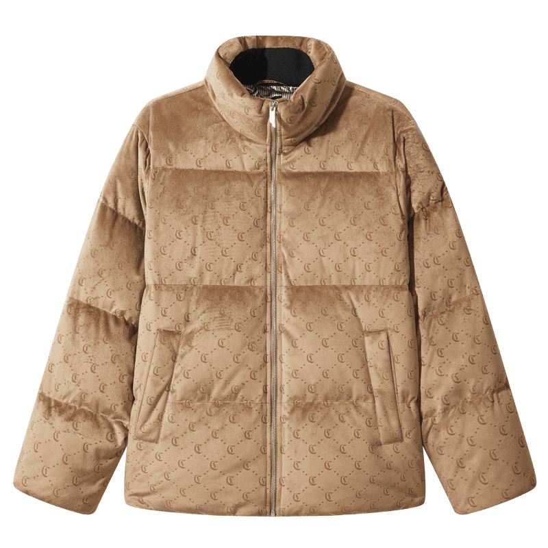 CABBEEN Men's Logo Laser Burnt Floral Velvet Down Jacket Casual Winter Coat