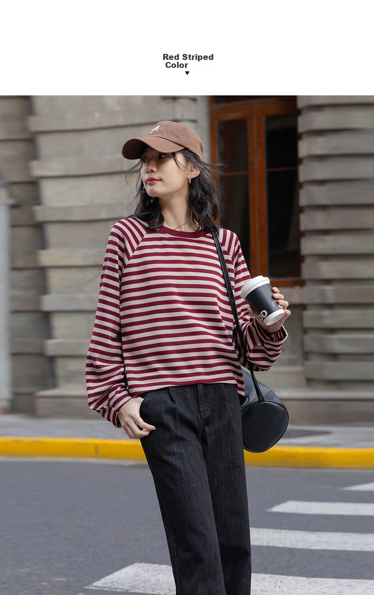 Dme [Urban Parallel Lines] Spring Retro Color-Block Striped Crew Neck Top, Loose-Fitting, Flattering, Comfortable, Versatile Women's Sweatshirt 4