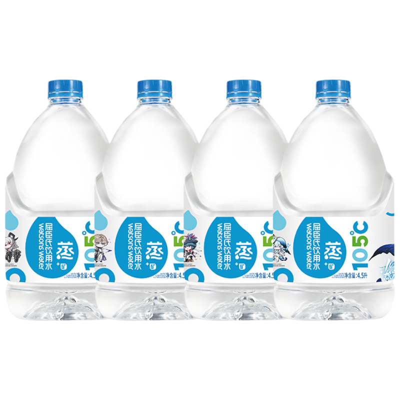 屈臣氏蒸馏水添加矿物质饮用水4.5L*4桶整箱大桶装水非矿泉水家庭装泡茶