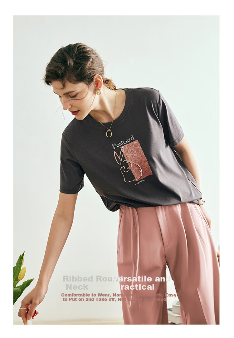Olrain Women's Short Sleeve T-Shirt Summer New Loose Embroidered Crew Neck Top Dark Gray (New Batch) S 14