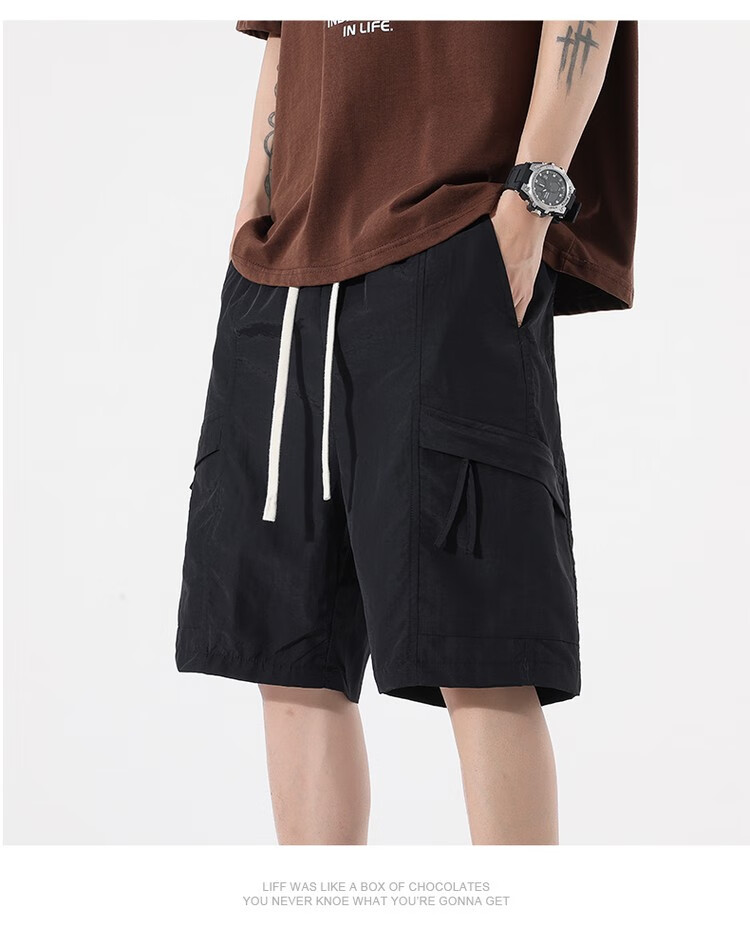 CLOR Men's Cargo Shorts, Summer Ice Silk Thin American-Style Loose-Fit Sports Five-Point Pants, Straight-Leg Pants MYY01 Black L 4