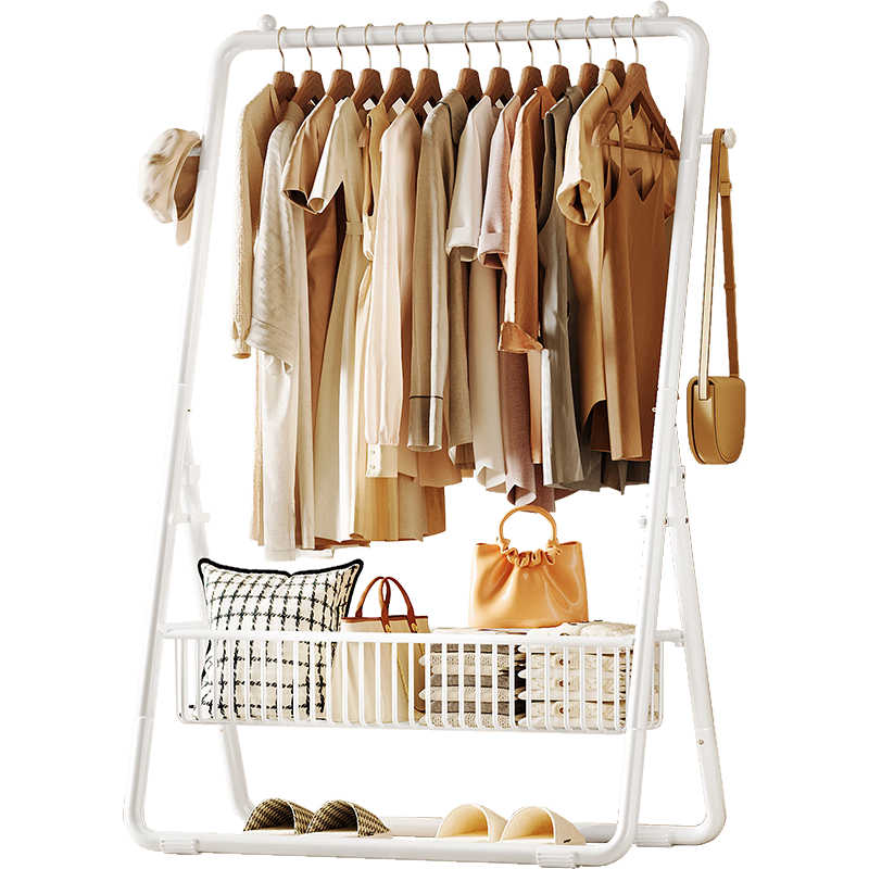 QIAONAMEI Floor Clothes Rack Coat Hanger Folding Clothes Rack with Basket Thickened 4488-WH
