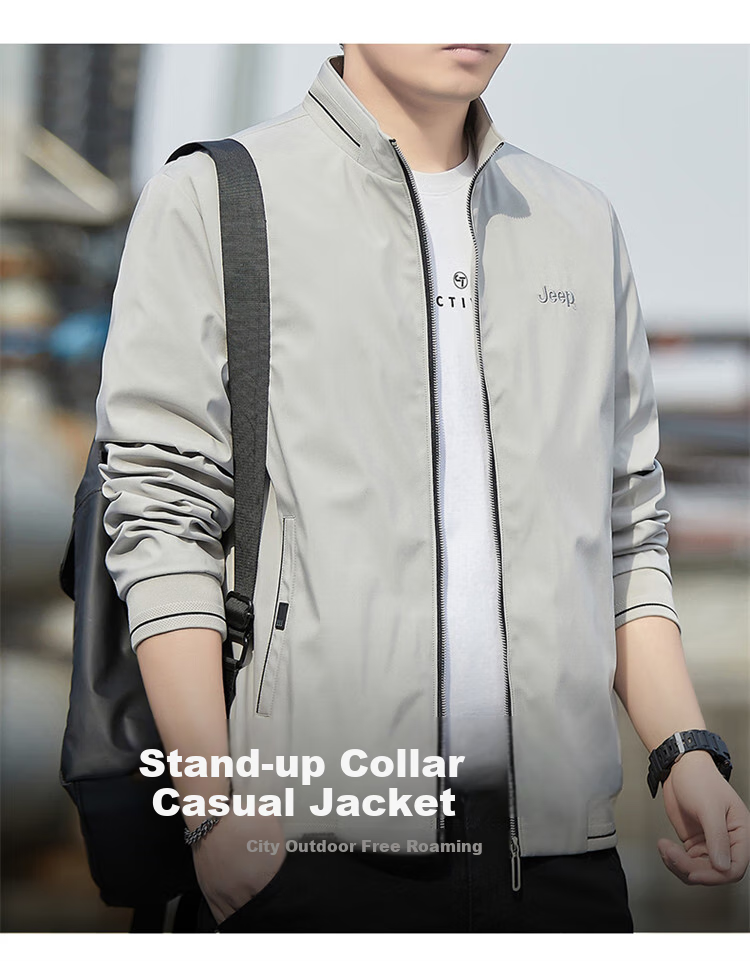 JEEP Men's Jacket, Spring And Autumn Casual Stand-Collar Jacket, Trendy Loose Clothing for Men, Khaki, M 1