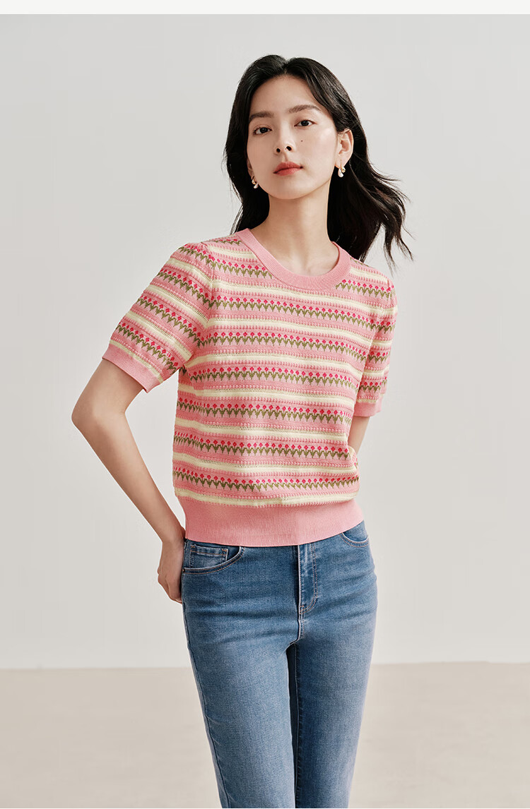 INMAN [Showroom Style] Suoluna Cool-Feeling Striped Short-Sleeve Women's Top, Summer 2026 Knitted Sweater, Yellow, Size L 17