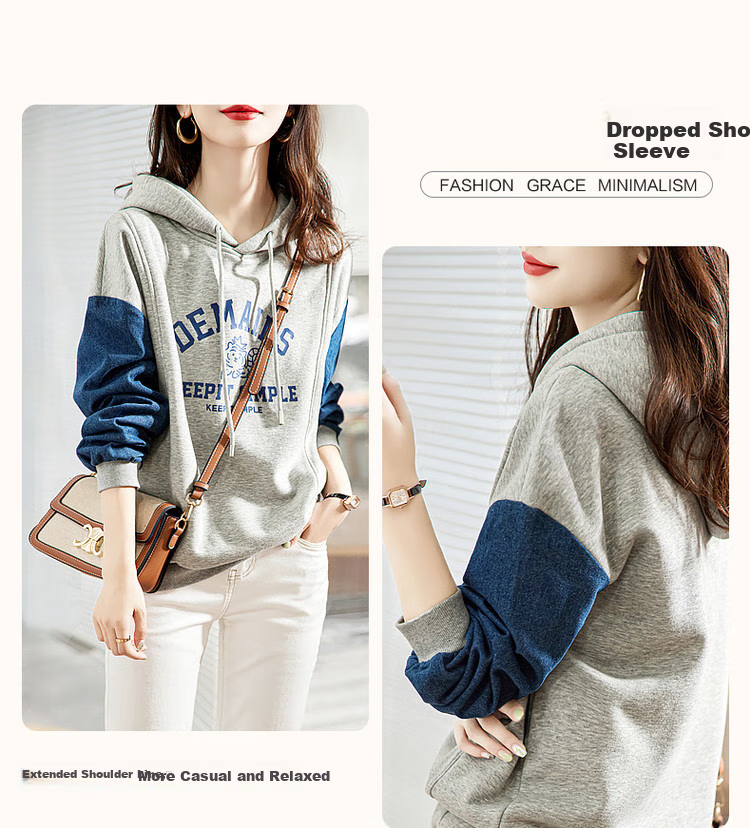 Dme [Letter Print Sweatshirt], Autumn Commuter Hooded Drop Shoulder Printed Long Sleeve, Slightly Elastic Loose Sweatshirt for Wome 5