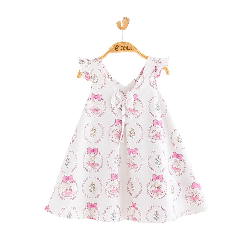 Babyprints Girls' Dress, Little Girl's Summer Pure Cotton Princess Dress, First Birthday Party Dress, Baby Skirt, Pink Rabbit, Size 80
