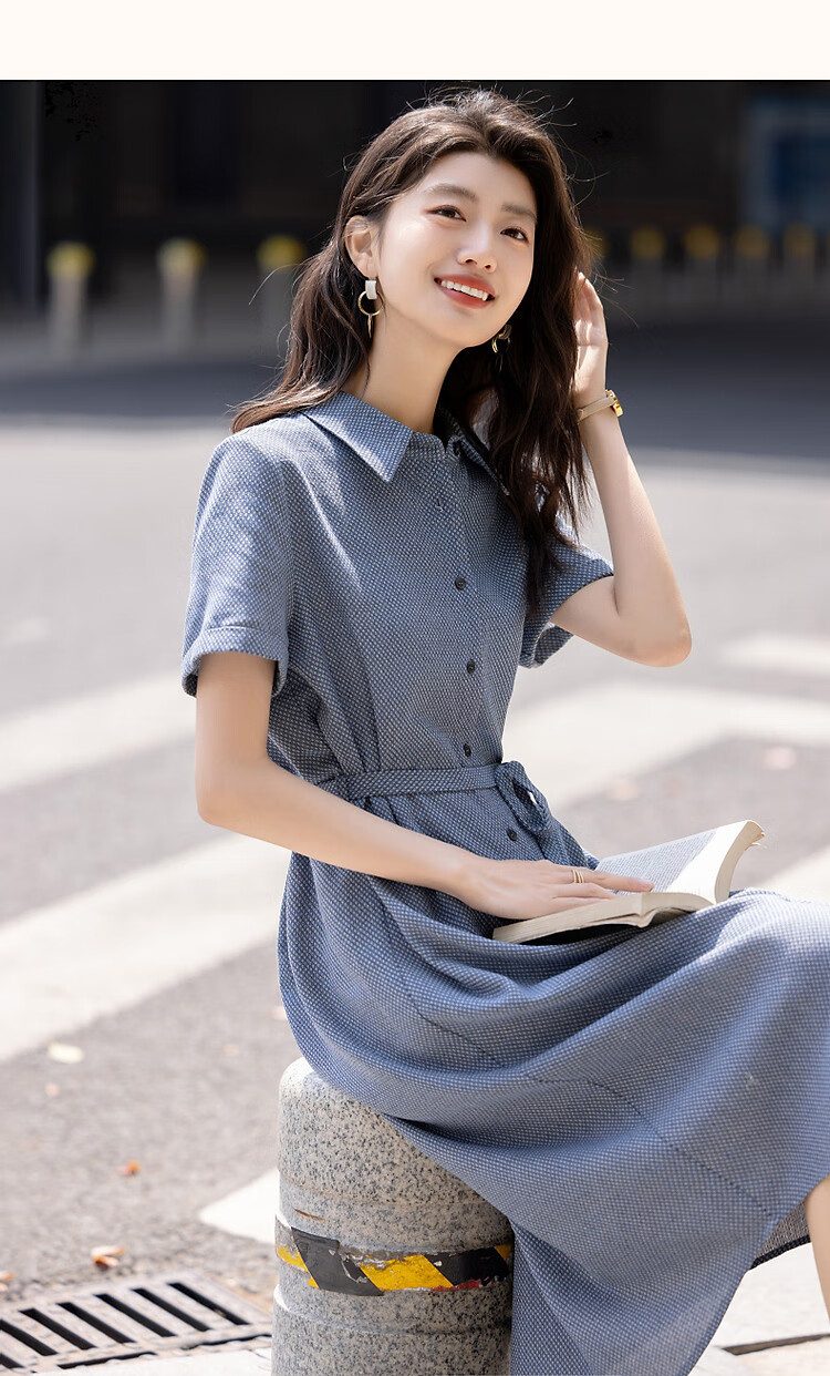 Demana Elegant Supreme Summer Comfortable Linen Cotton Blend Lapel Tie Straight Small Petite Women's Dress 9