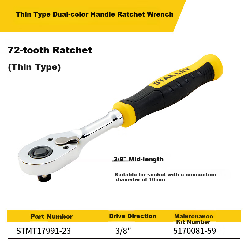STANLEY Thin Double-Color Handle Ratchet Wrench, 3/8" Large Medium Small Double-Sided Ratchet Wrench, STMT17991-23